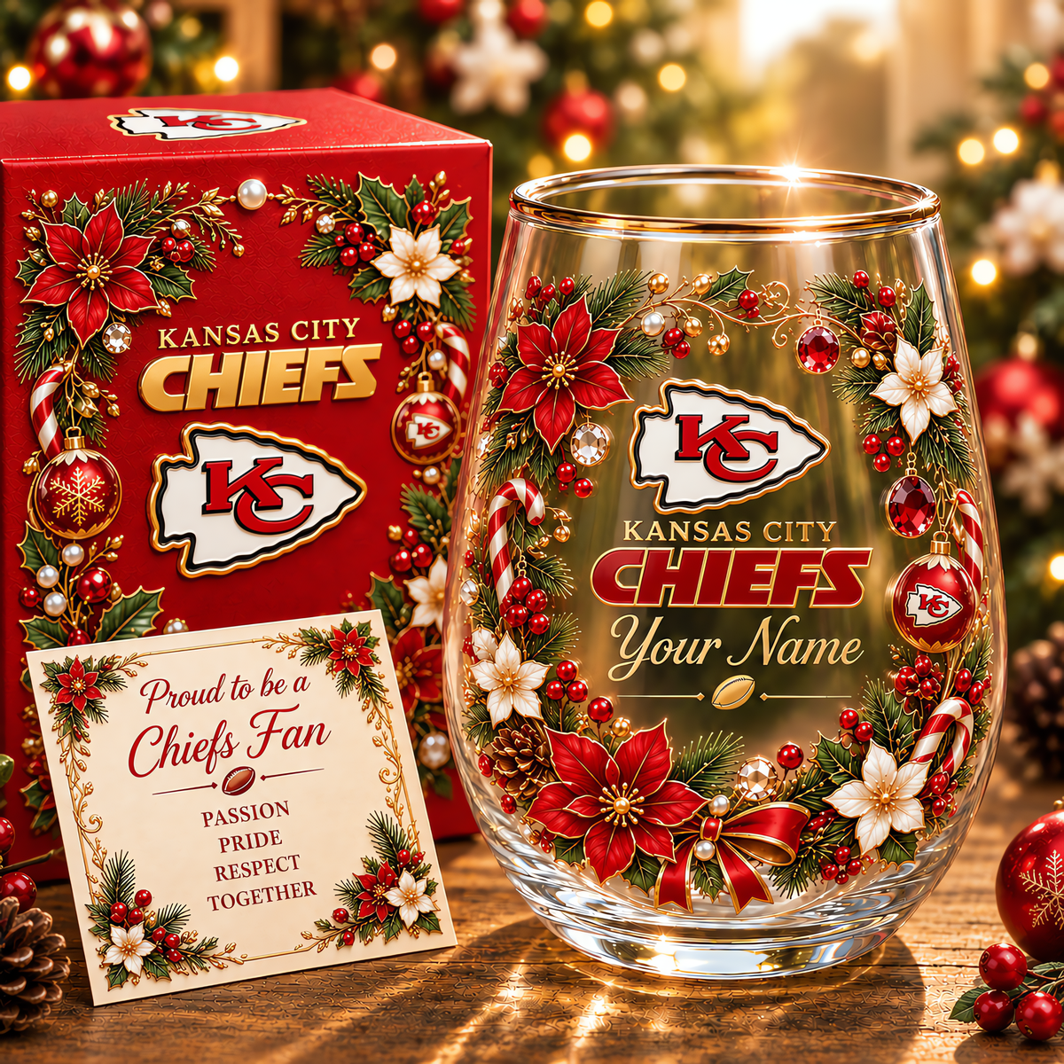 Kansas City Chiefs NFL Christmas Flowers Stemless Glass Custom Any Name Gift For Fan