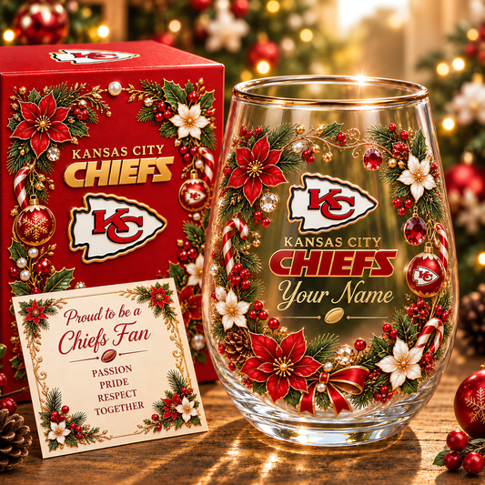 Kansas City Chiefs NFL Christmas Flowers Stemless Glass Custom Any Name Gift For Fan