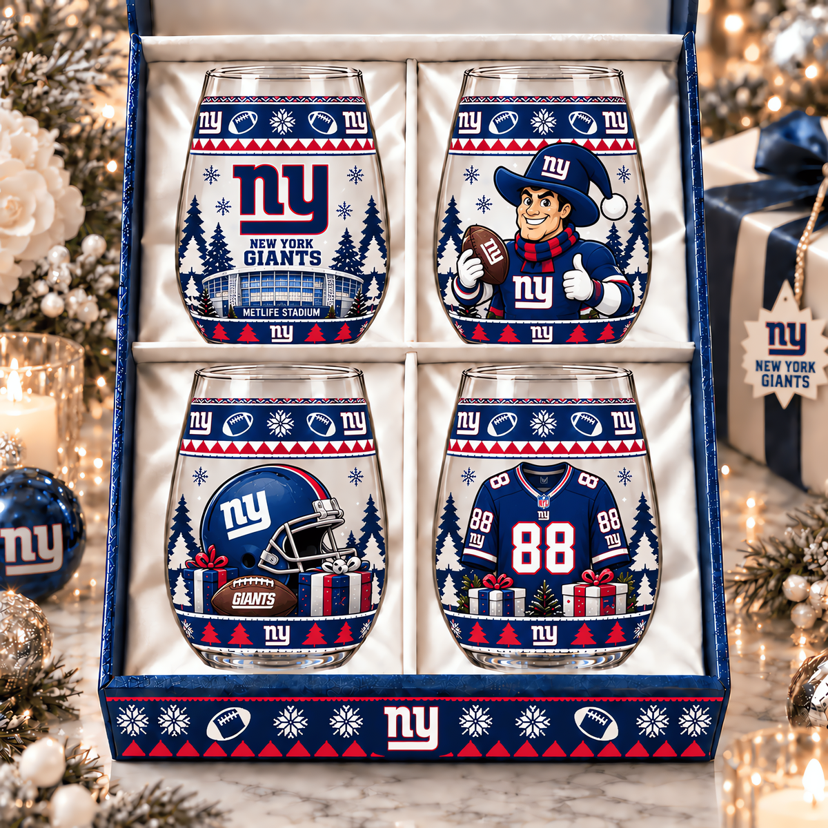 New York Giants NFL Personalized Stemless Glass Set 4– Premium Limited Edition Gift for Men, Women & Football Fans