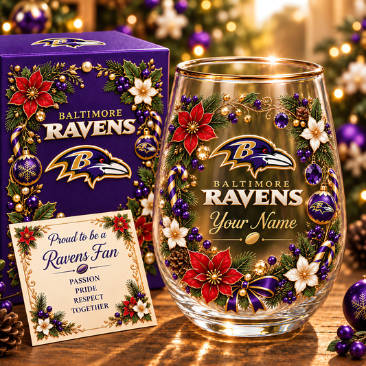 Baltimore Ravens NFL Christmas Flowers Stemless Glass Custom Any Name Gift For Fan