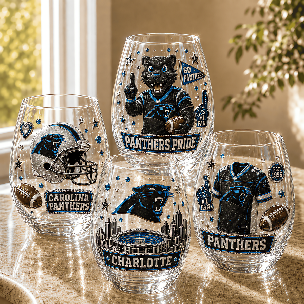 Carolina Panthers NFL Combo Full Set 4 Stemless Glass Special Gift For Fan