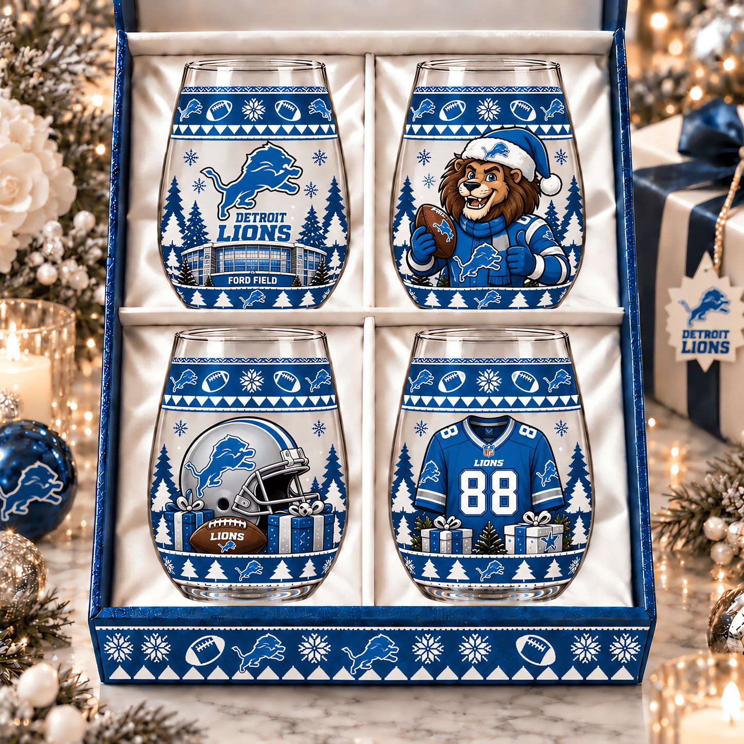 Detroit Lions NFL Personalized Stemless Glass Set 4– Premium Limited Edition Gift for Men, Women & Football Fans