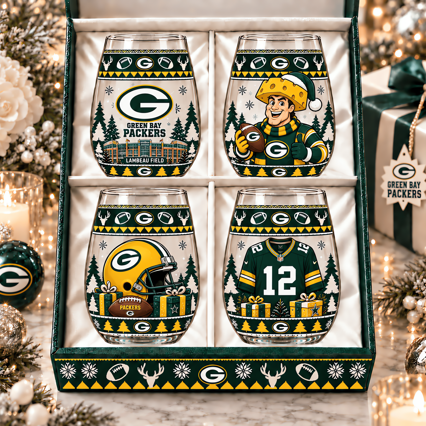 Green Bay Packers NFL Personalized Stemless Glass Set 4– Premium Limited Edition Gift for Men, Women & Football Fans