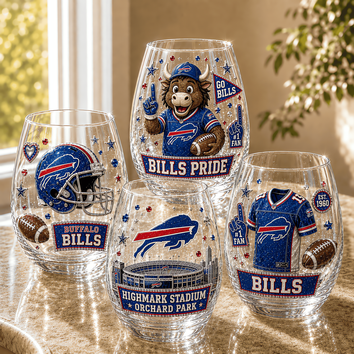 Buffalo Bills NFL Combo Full Set 4 Stemless Glass Special Gift For Fan