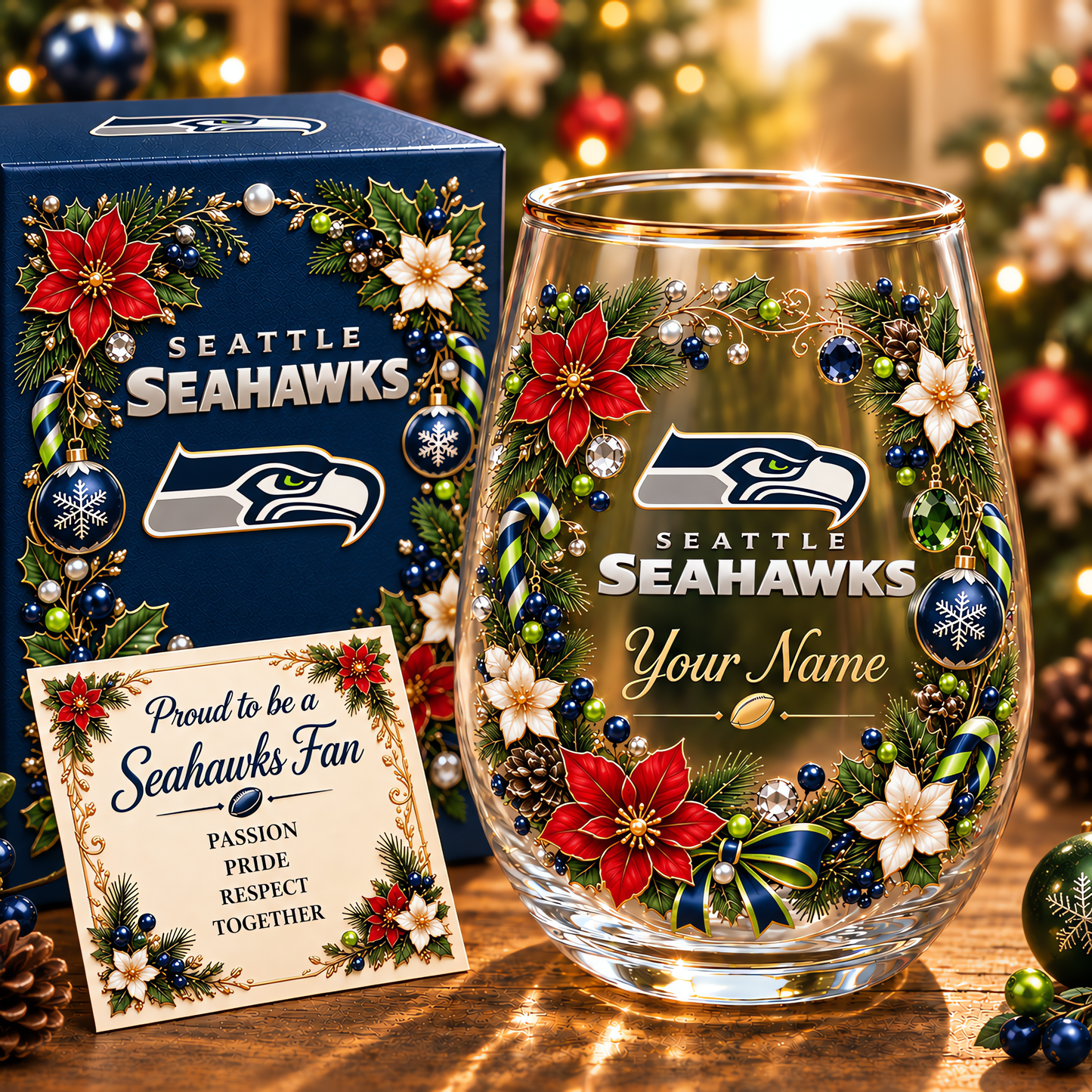 Seattle Seahawks NFL Christmas Flowers Stemless Glass Custom Any Name Gift For Fan