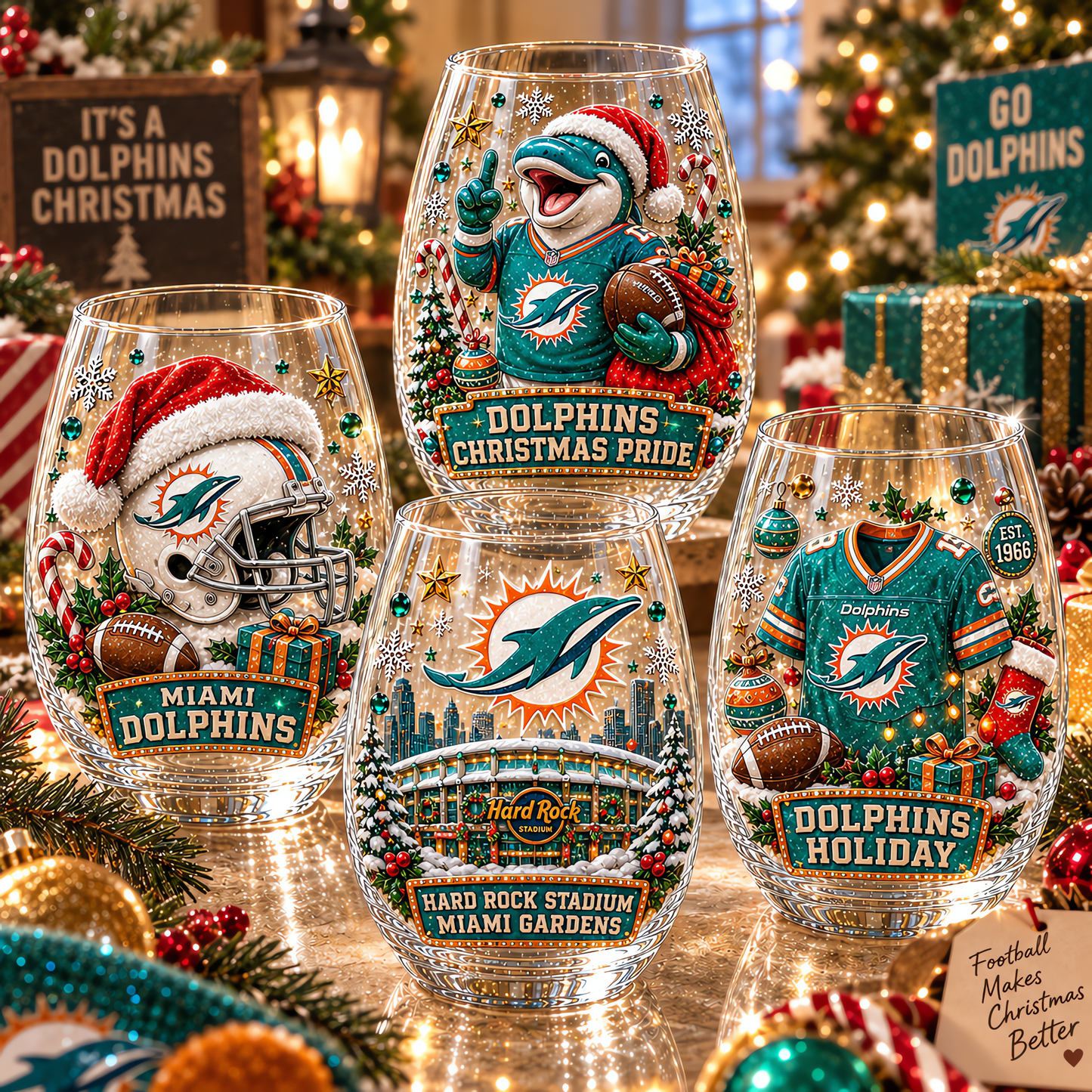 Miami Dolphins NFL Set 4 Christmas Stemless Glass Gift For Fan Love