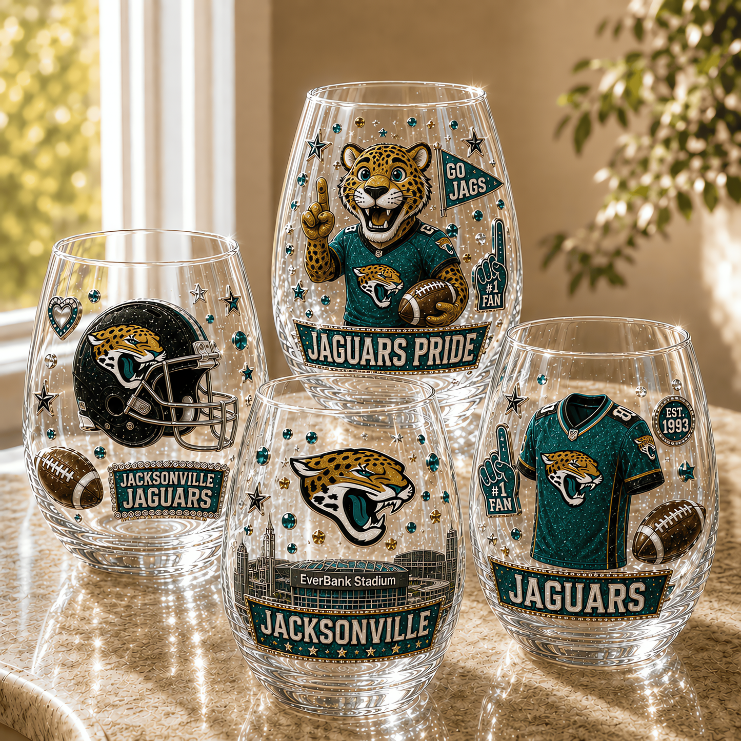 Jacksonville Jaguars NFL Combo Full Set 4 Stemless Glass Special Gift For Fan