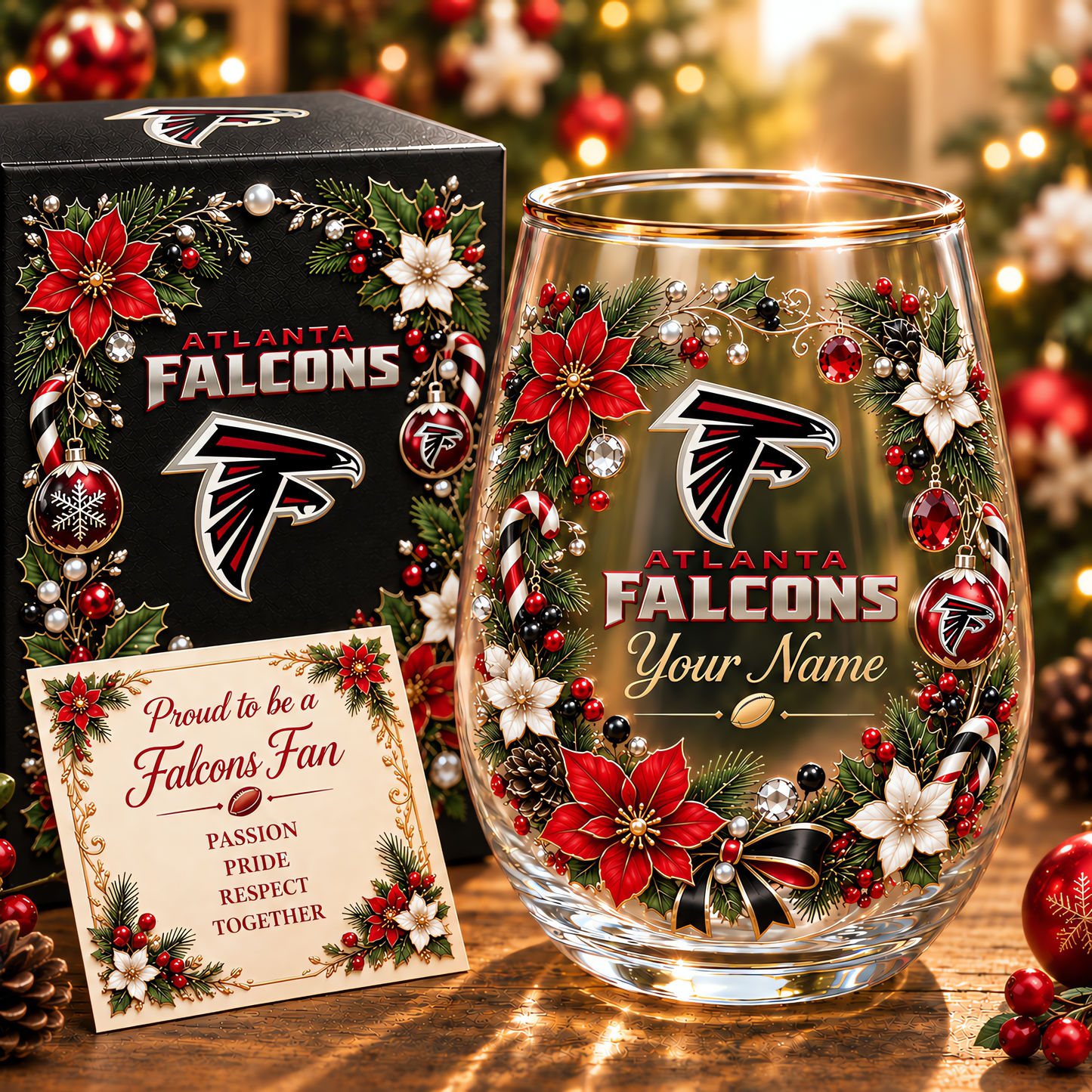 Atlanta Falcons NFL Christmas Flowers Stemless Glass Custom Any Name Gift For Fan