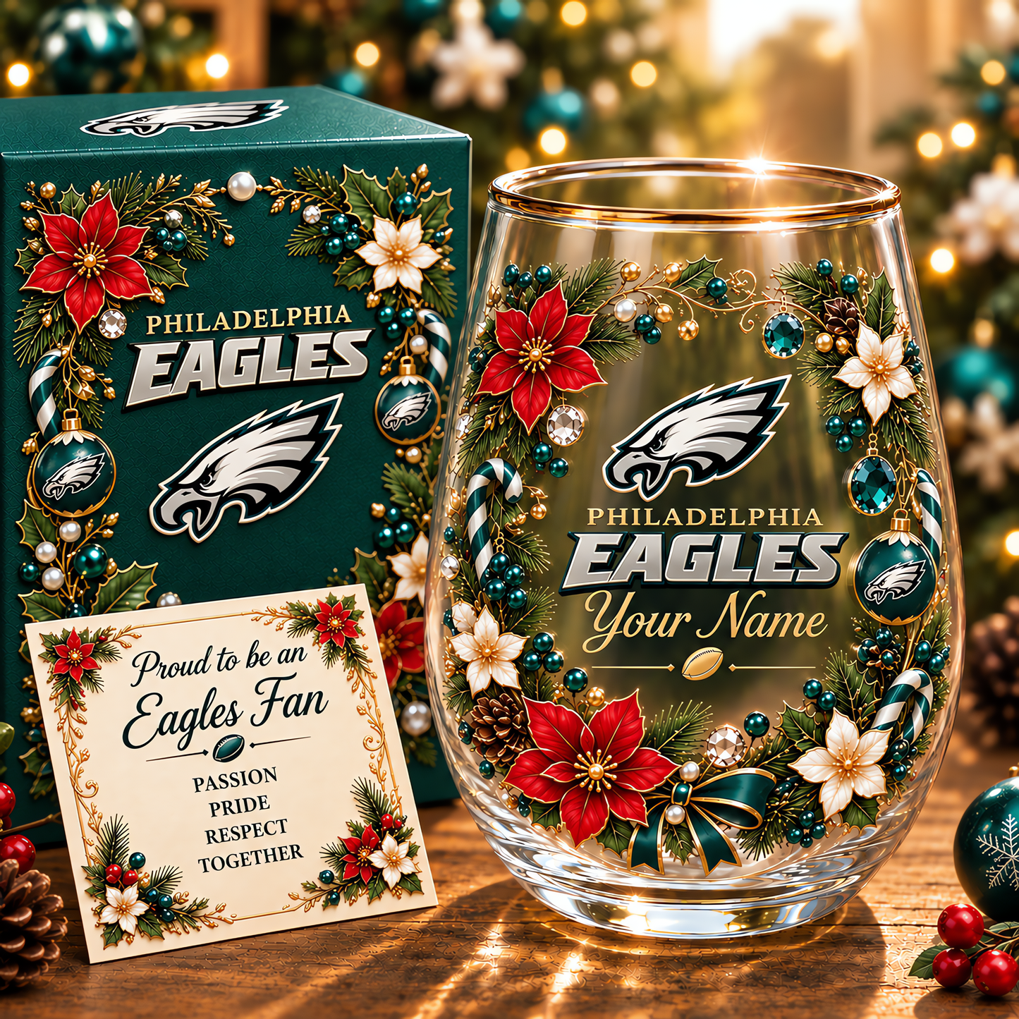Philadelphia Eagles NFL Christmas Flowers Stemless Glass Custom Any Name Gift For Fan