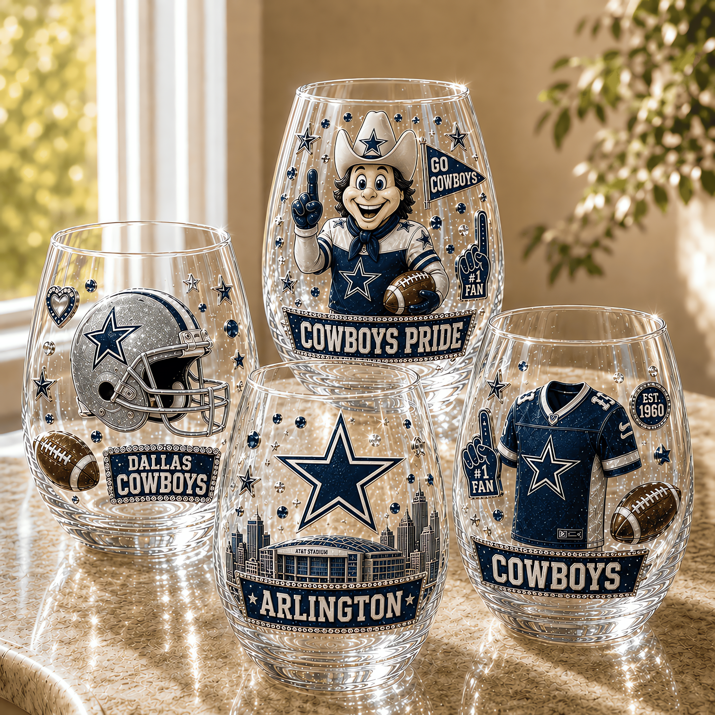 Dallas Cowboys NFL Combo Full Set 4 Stemless Glass Special Gift For Fan