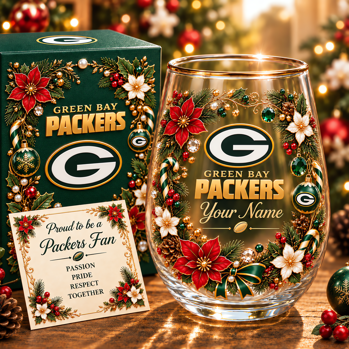 Green Bay Packers NFL Christmas Flowers Stemless Glass Custom Any Name Gift For Fan