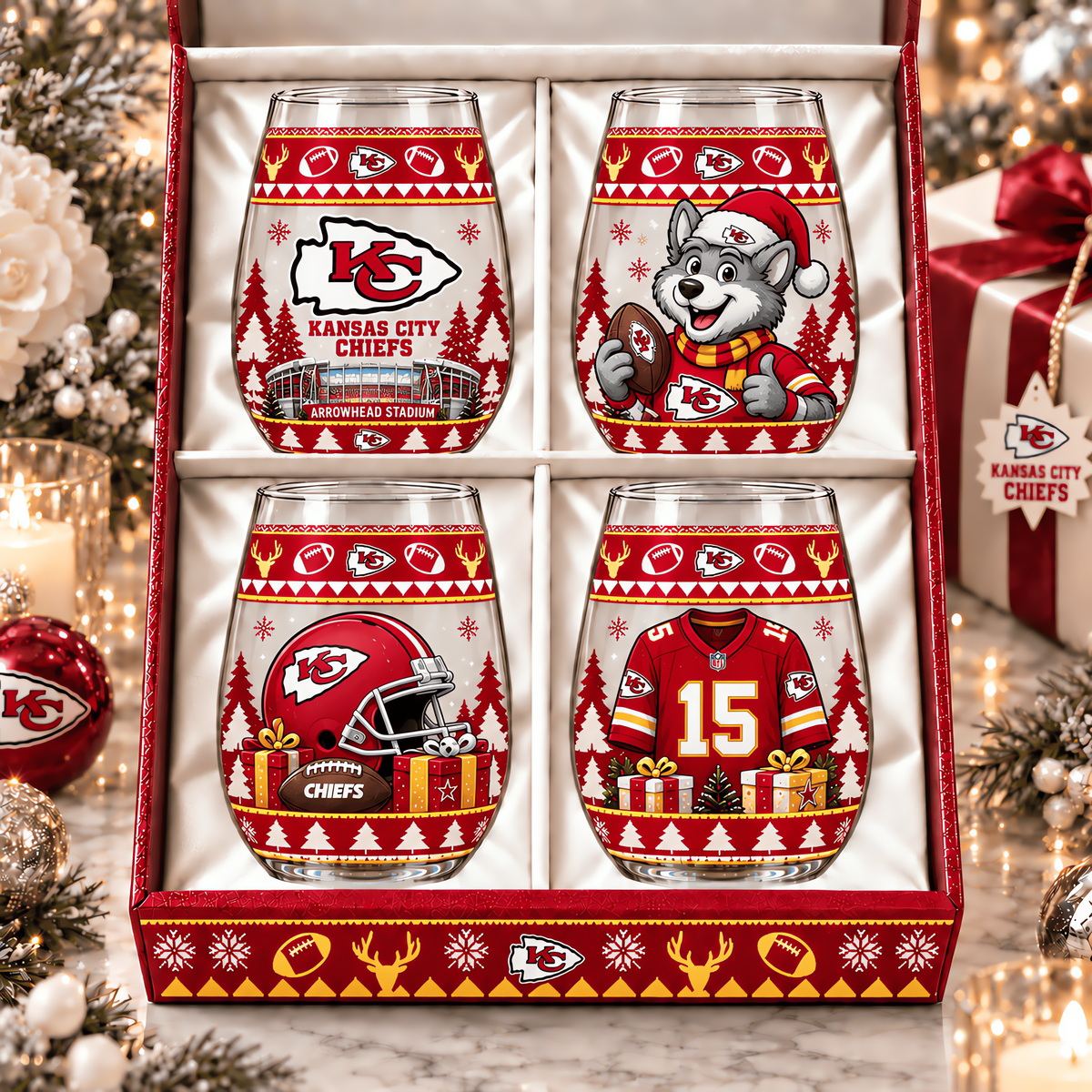 Kansas City Chiefs NFL Personalized Stemless Glass Set 4– Premium Limited Edition Gift for Men, Women & Football Fans
