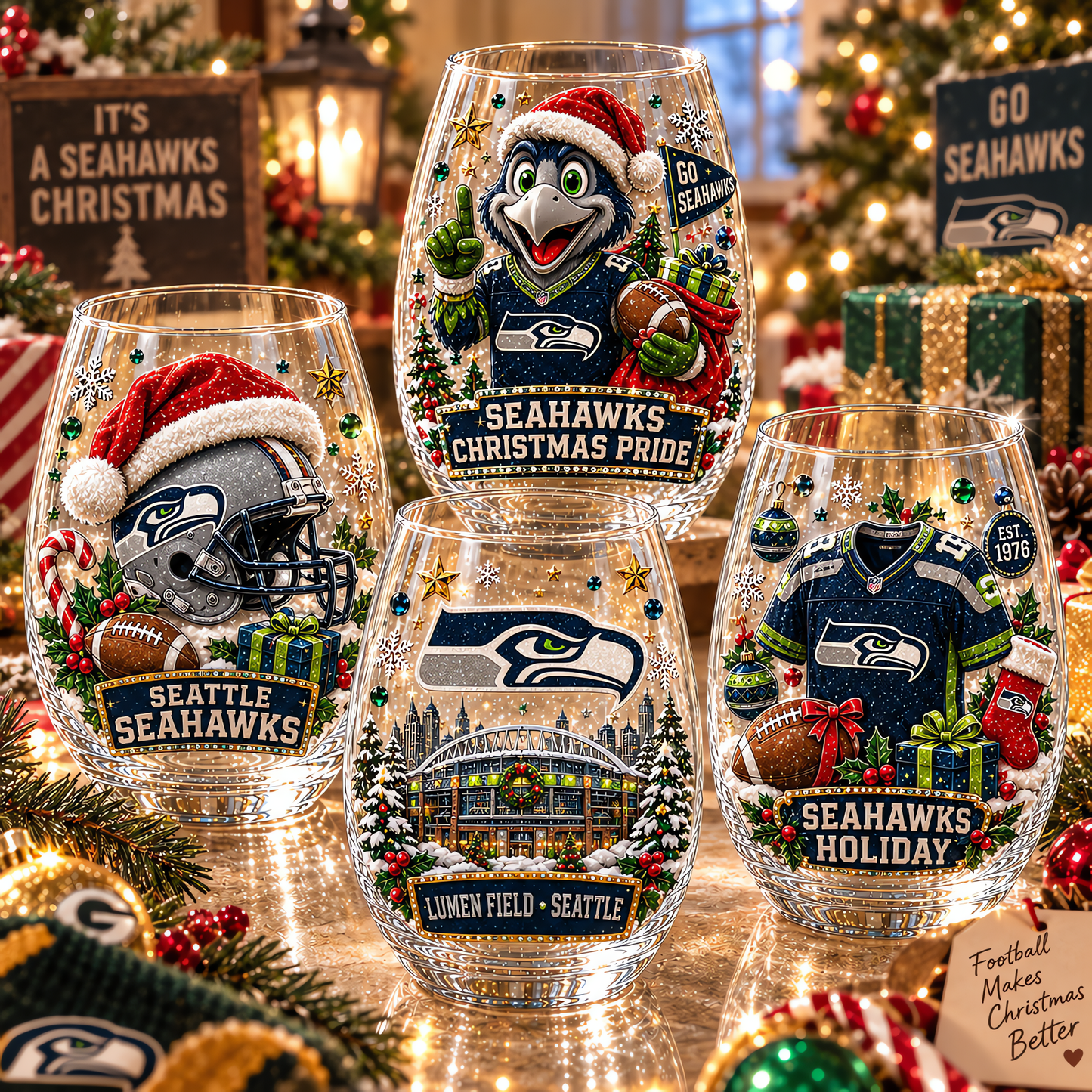 Seattle Seahawks NFL Set 4 Christmas Stemless Glass Gift For Fan Love