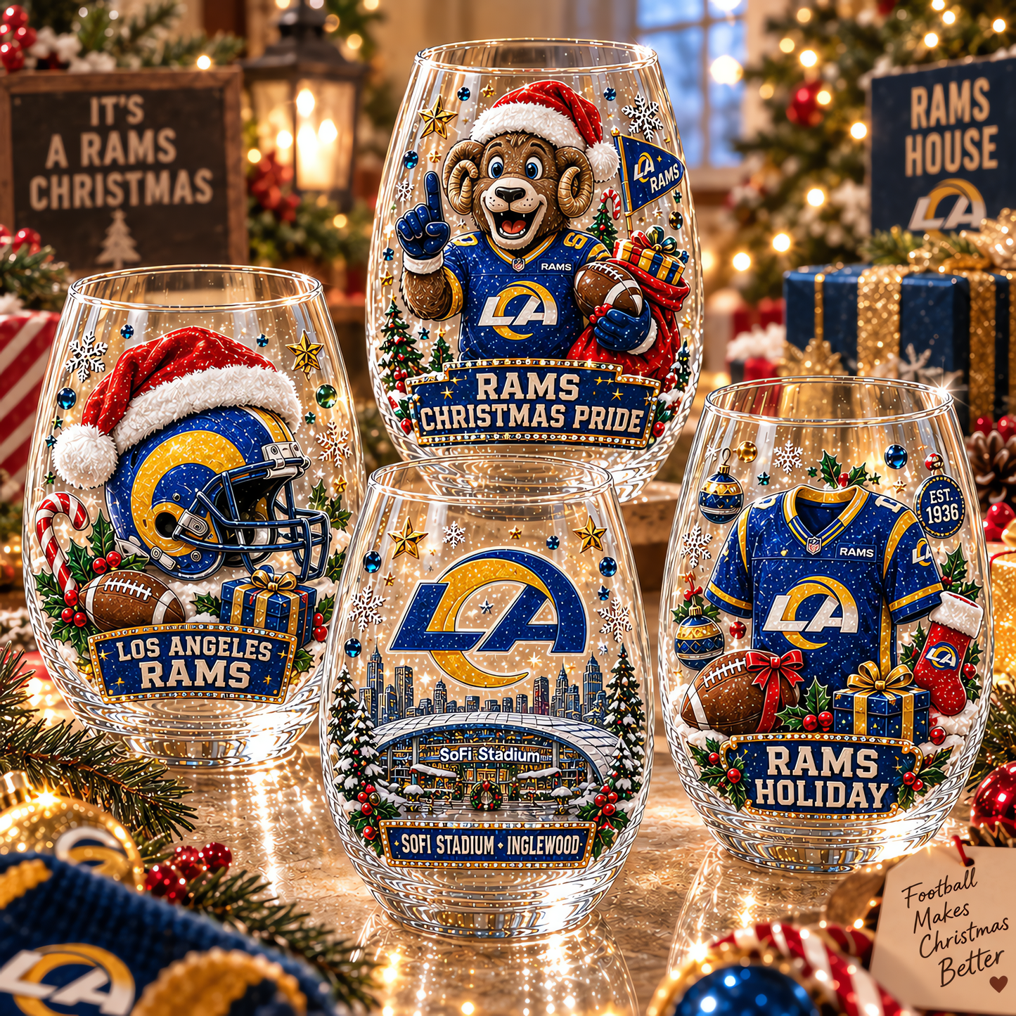 Los Angeles Rams NFL Set 4 Christmas Stemless Glass Gift For Fan Love