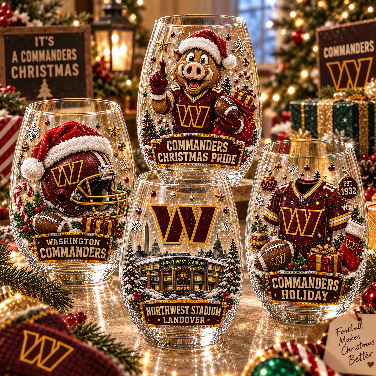 Washington Commanders NFL Set 4 Christmas Stemless Glass Gift For Fan Love