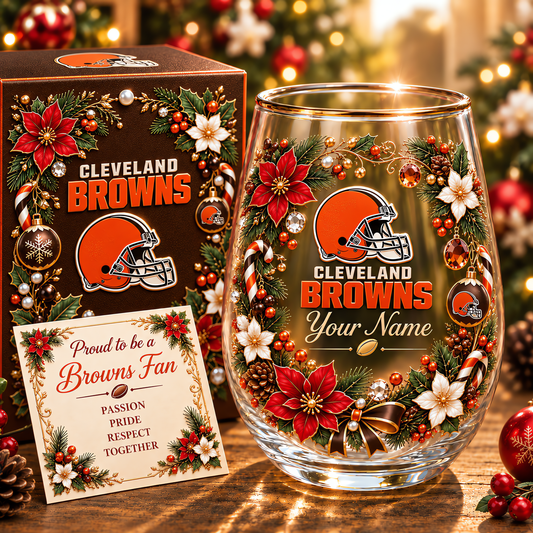 Cleveland Browns NFL Christmas Flowers Stemless Glass Custom Any Name Gift For Fan