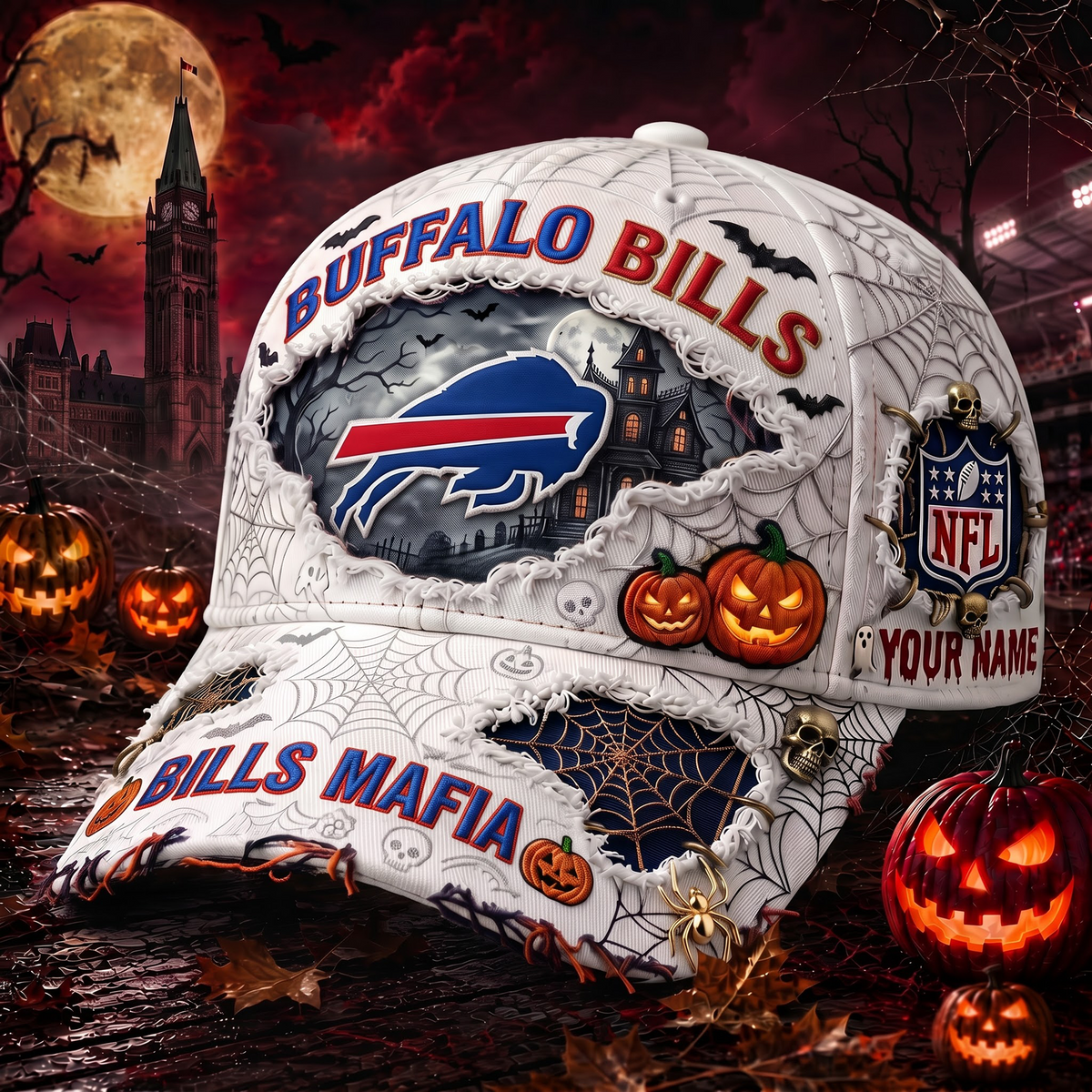 BB_NFL Premium Haunted House Themed 3D Distressed-Effect Baseball Cap