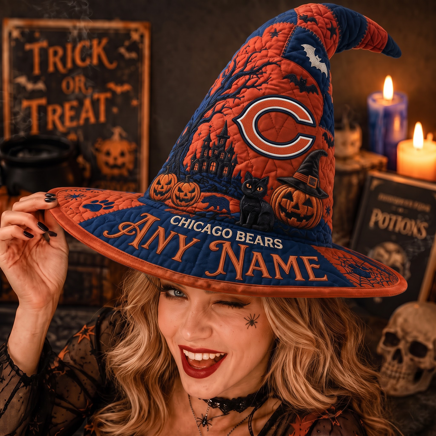 CHI X NFL Spooky Football Fan Halloween Quilted Witch Hat - Custom Name Gift