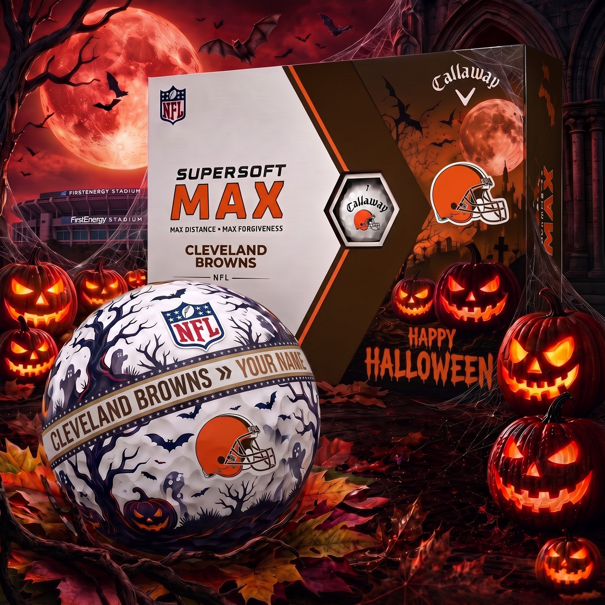CLE_Premium NFL Team Halloween Golf Balls Set - Spooky Halloween Gift Box