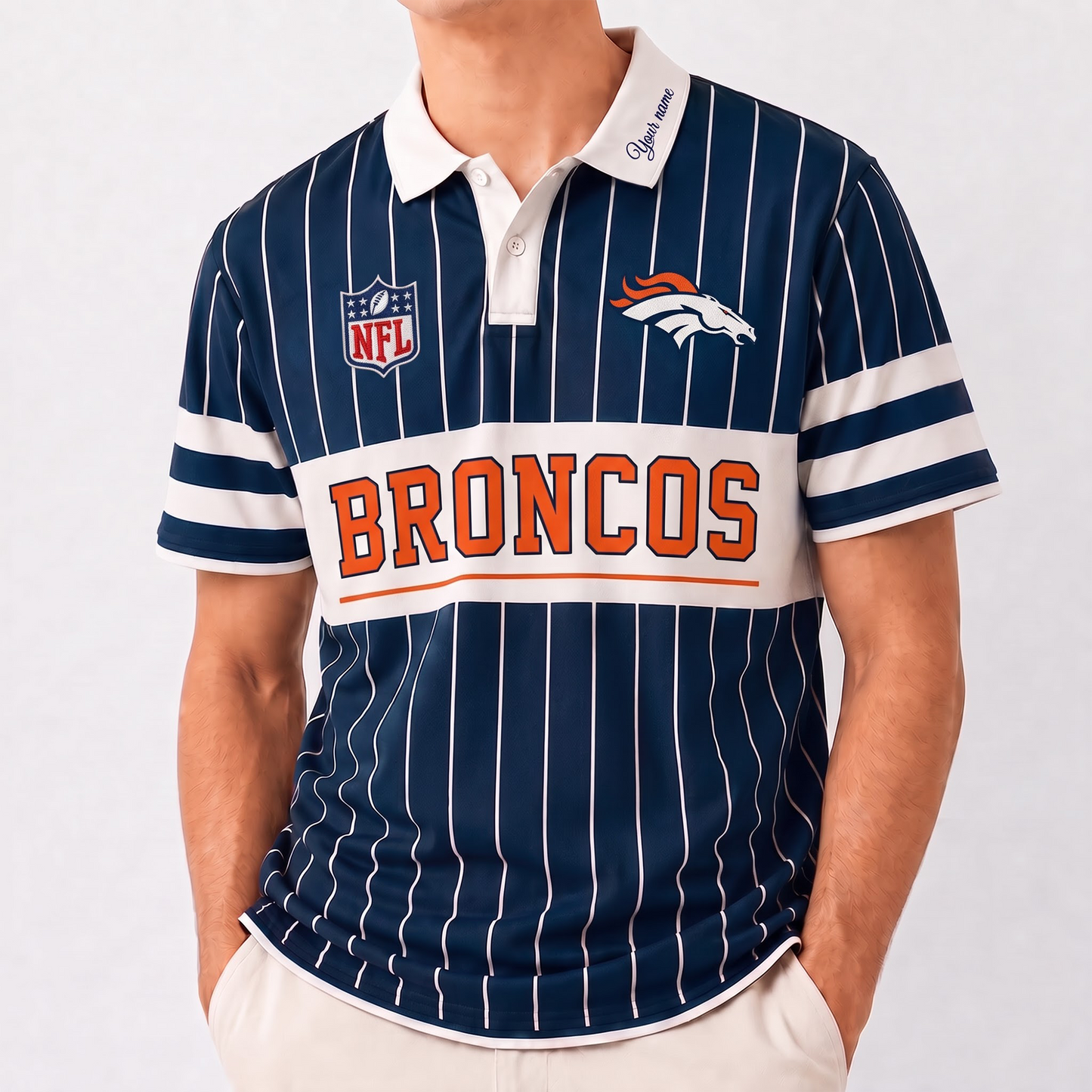 DB x NFL Fan Vintage Pinstripe Polo - Custom Collar Text Gift