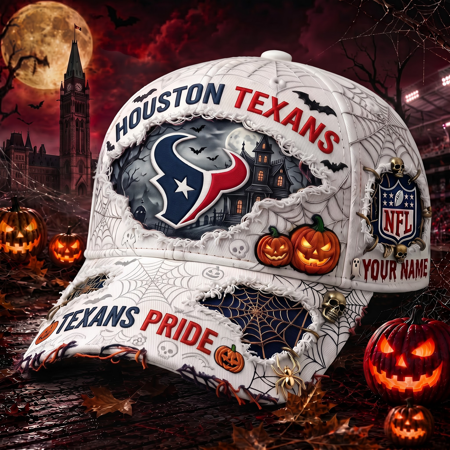 HT_NFL Premium Haunted House Themed 3D Distressed-Effect Baseball Cap