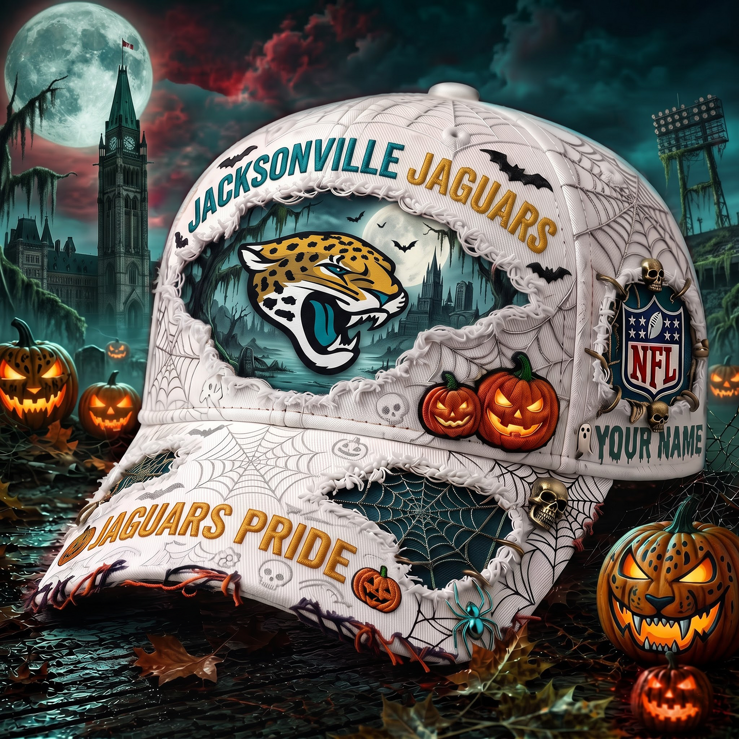 JJ_NFL Premium Haunted House Themed 3D Distressed-Effect Baseball Cap