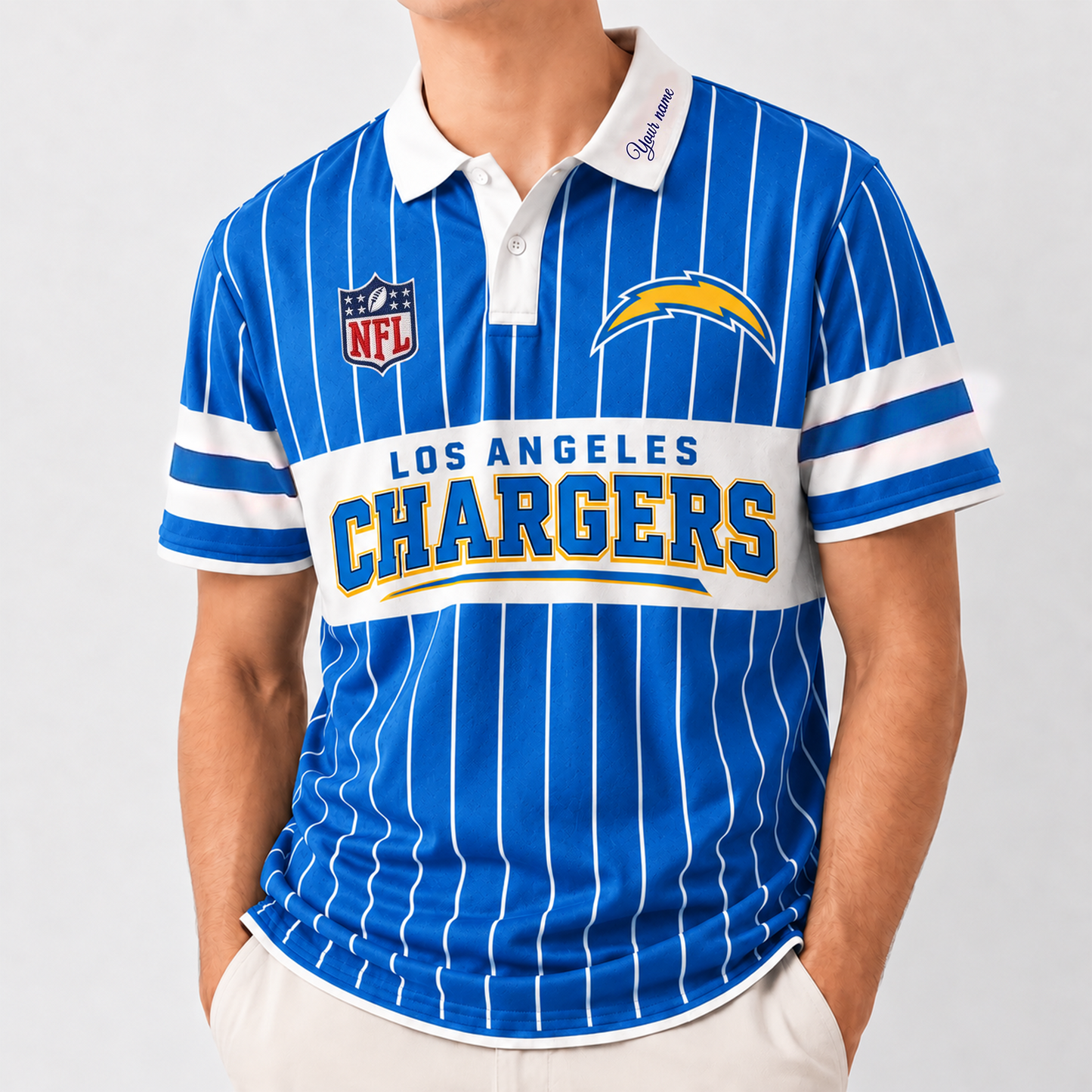 LAC x NFL Fan Vintage Pinstripe Polo - Custom Collar Text Gift