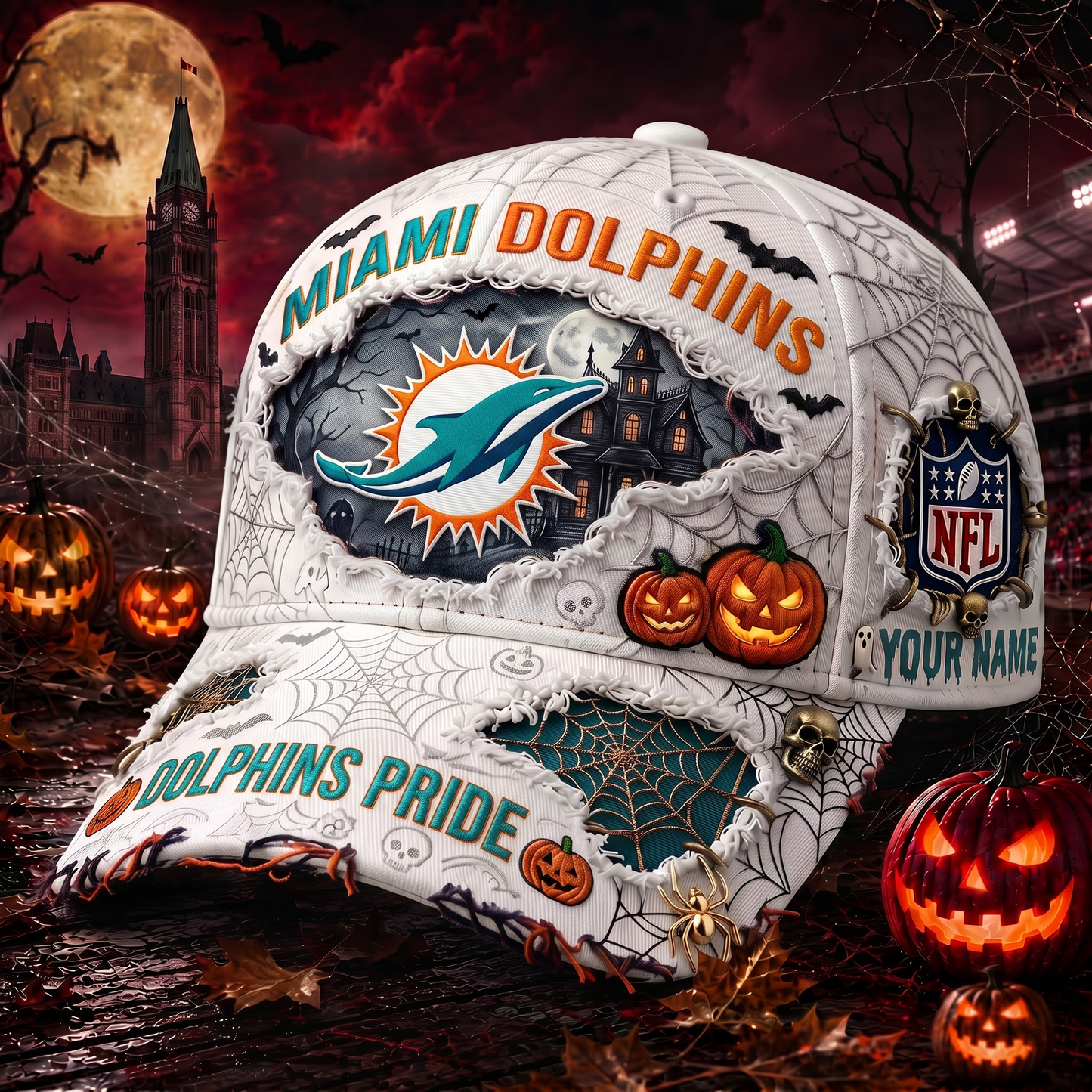 MD_NFL Premium Haunted House Themed 3D Distressed-Effect Baseball Cap