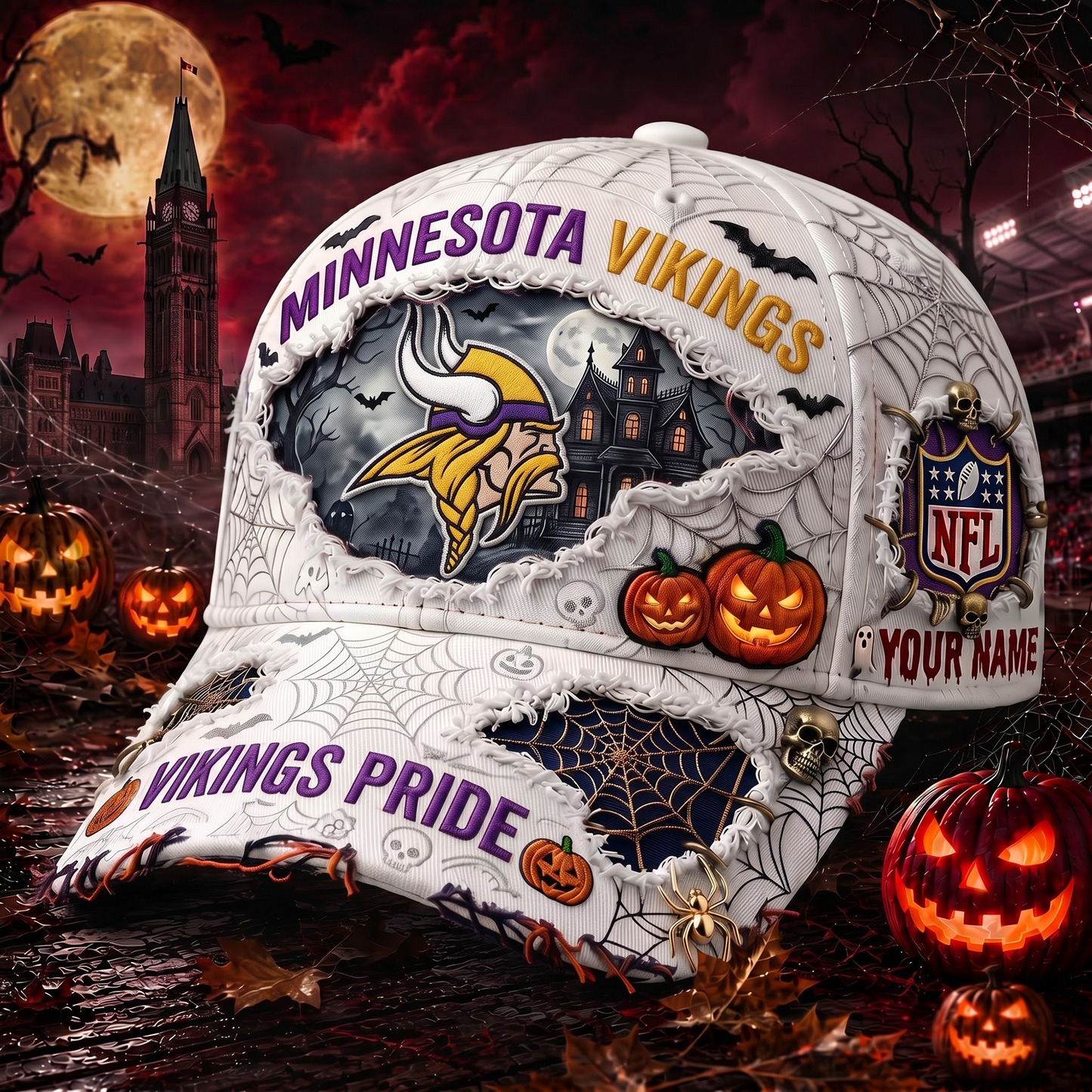 MV_NFL Premium Haunted House Themed 3D Distressed-Effect Baseball Cap