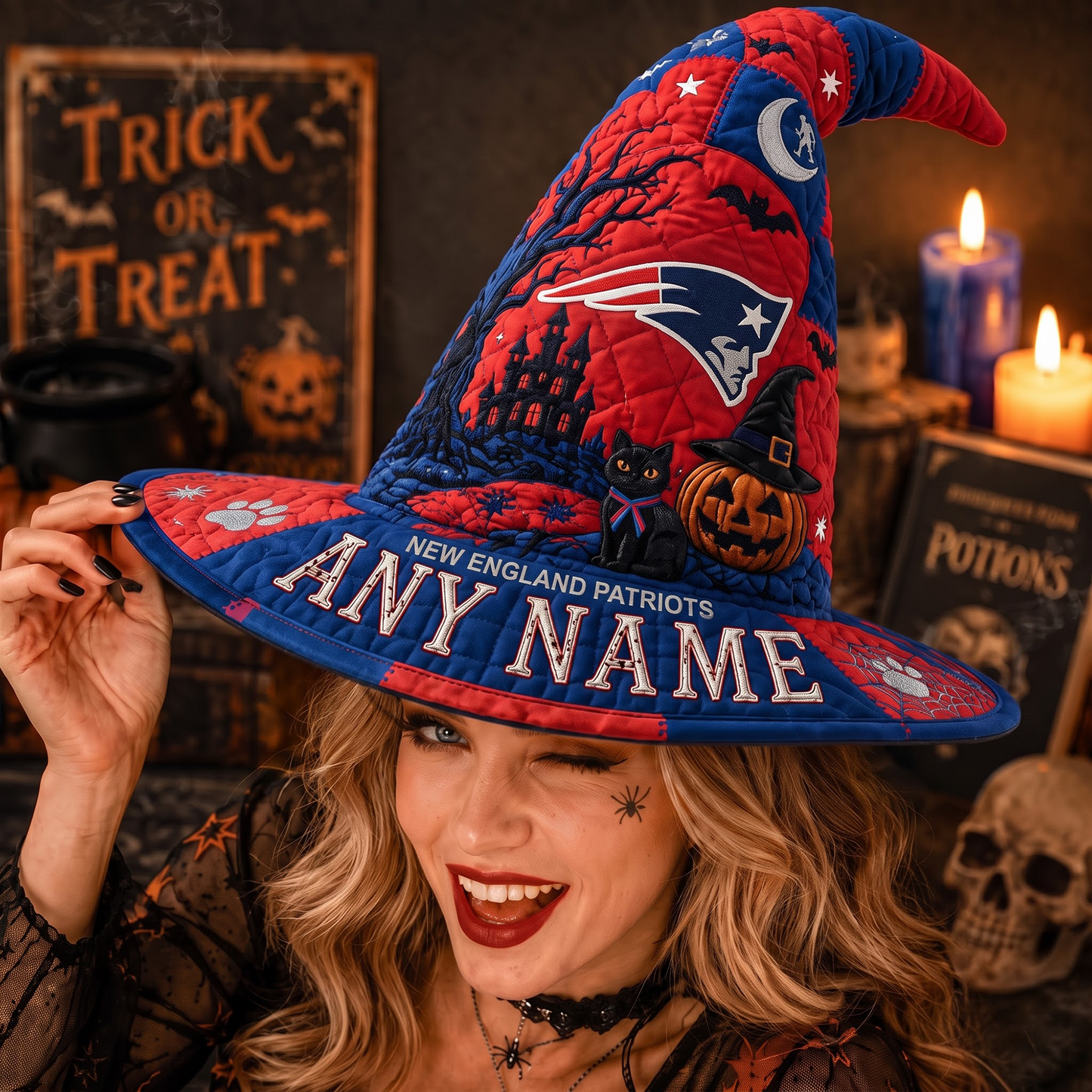 NE X NFL Spooky Football Fan Halloween Quilted Witch Hat - Custom Name Gift