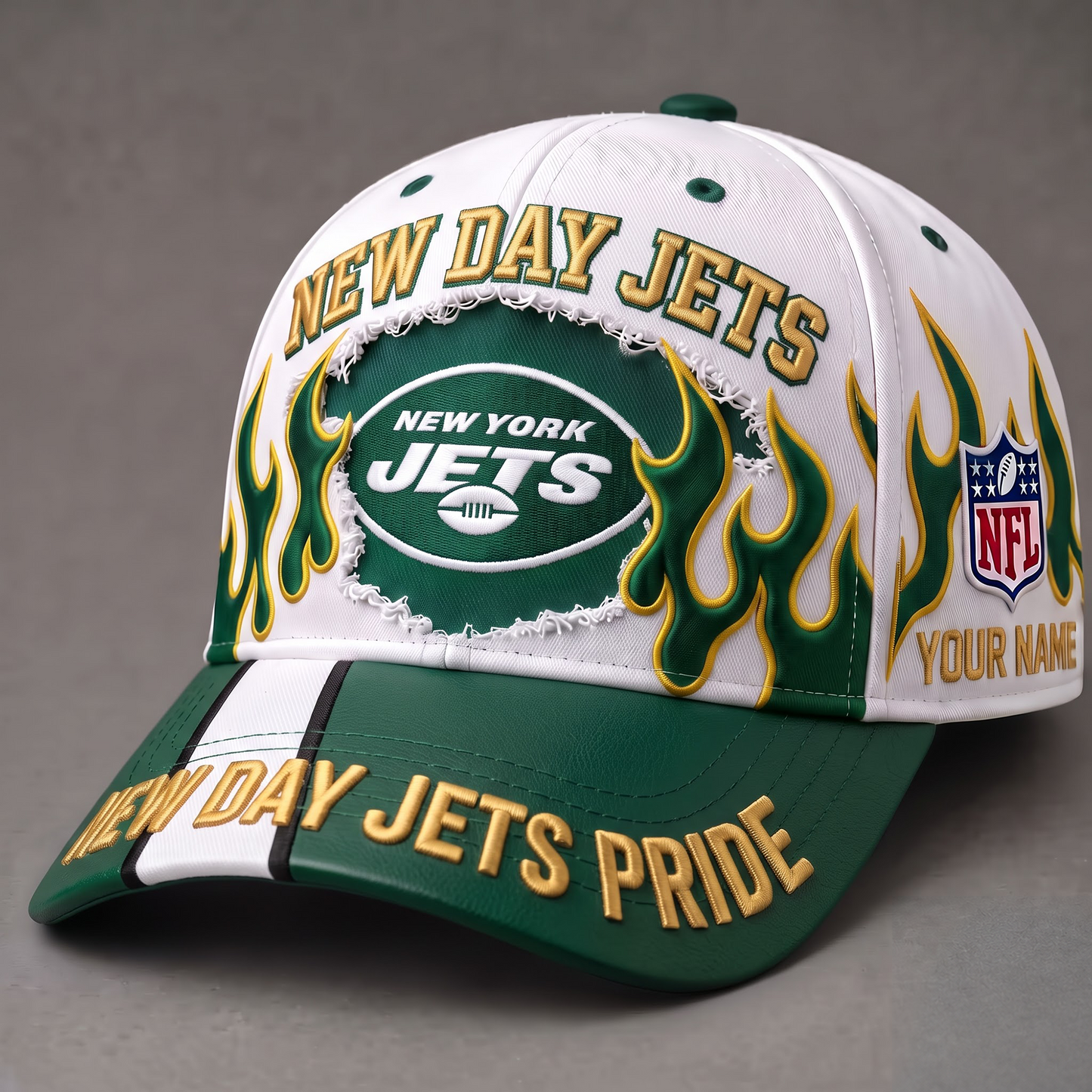 NYJ X NFL EXCLUSIVE PERSONALIZED FIRE GRAPHIC CAP FOR GAME DAY