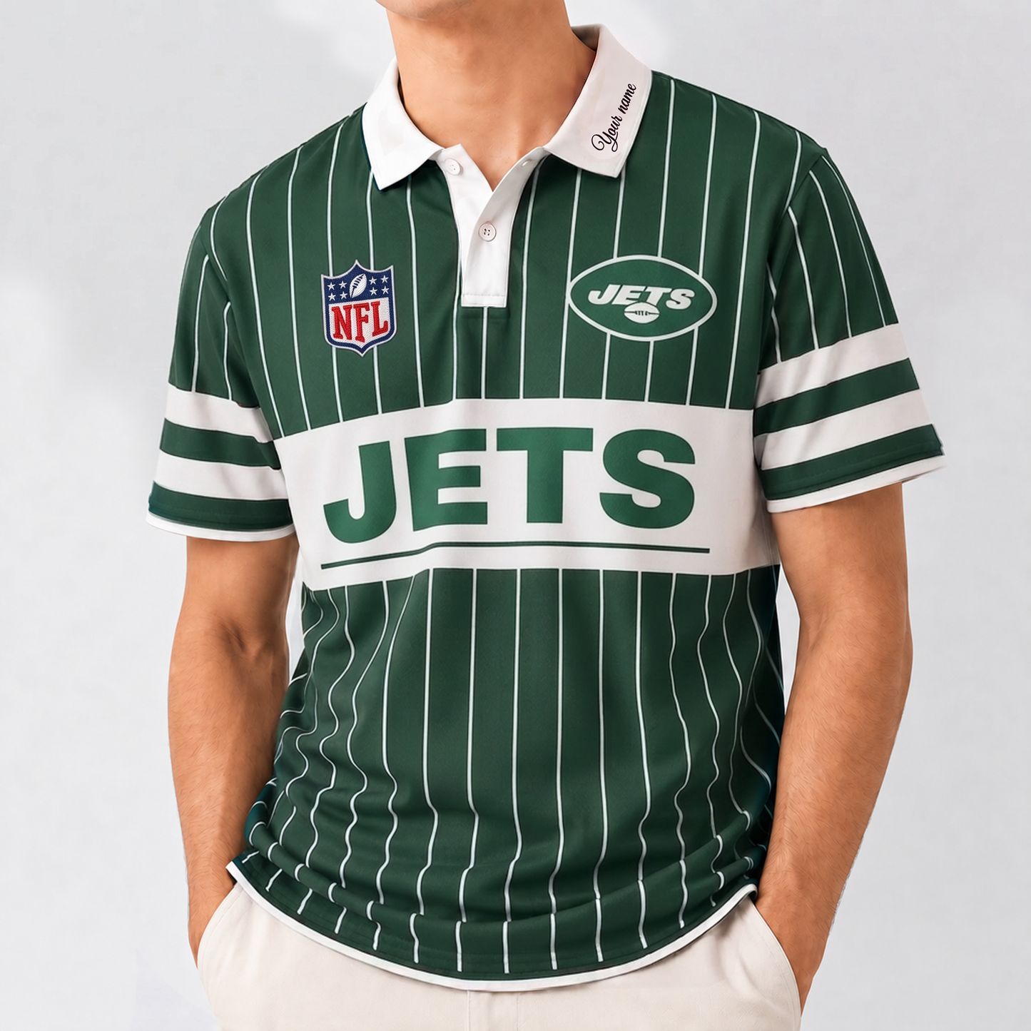 NYJ x NFL Fan Vintage Pinstripe Polo - Custom Collar Text Gift