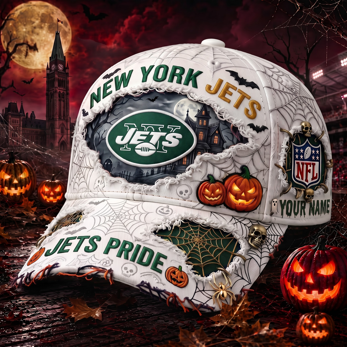 NYJ_NFL Premium Haunted House Themed 3D Distressed-Effect Baseball Cap