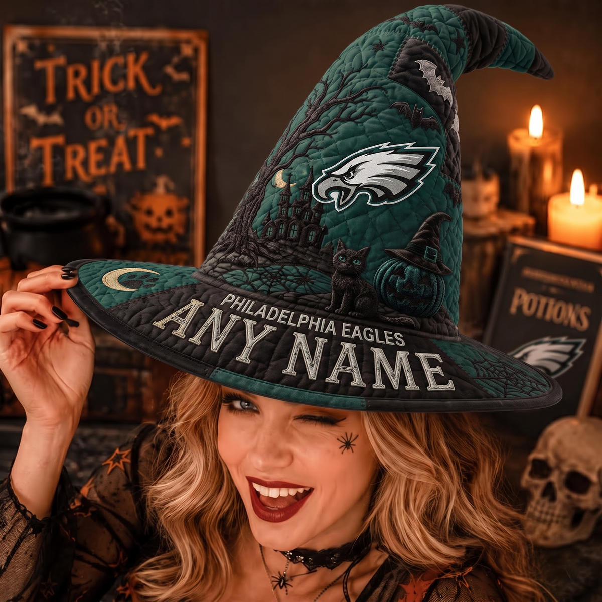 PHI X NFL Spooky Football Fan Halloween Quilted Witch Hat - Custom Name Gift