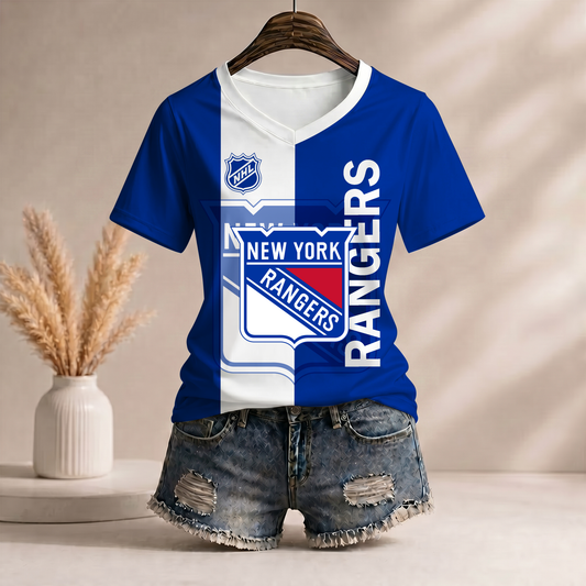PREMIUM NHL X NYR Women�???s Casual Loose Stripe V-Neck T-Shirt NDT VHM 290526