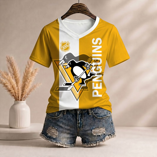 PREMIUM NHL X PP Women�???s Casual Loose Stripe V-Neck T-Shirt NDT VHM 290526