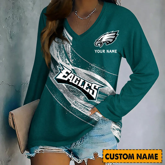 PREMIUM NFL X PHI Women’???s V-Neck Long-Sleeved Shirt - Custom Name Gifts For Fans NDT NHM 240226