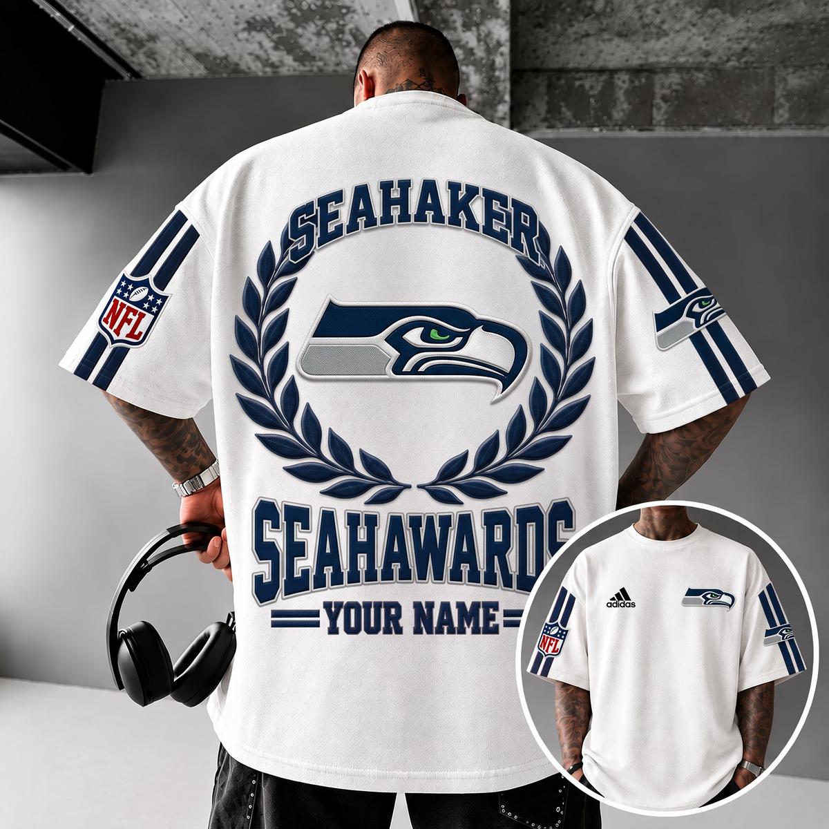 SEA X NFL Personalized Oversized T-Shirt, Custom Name NFL Fan Graphic Tee