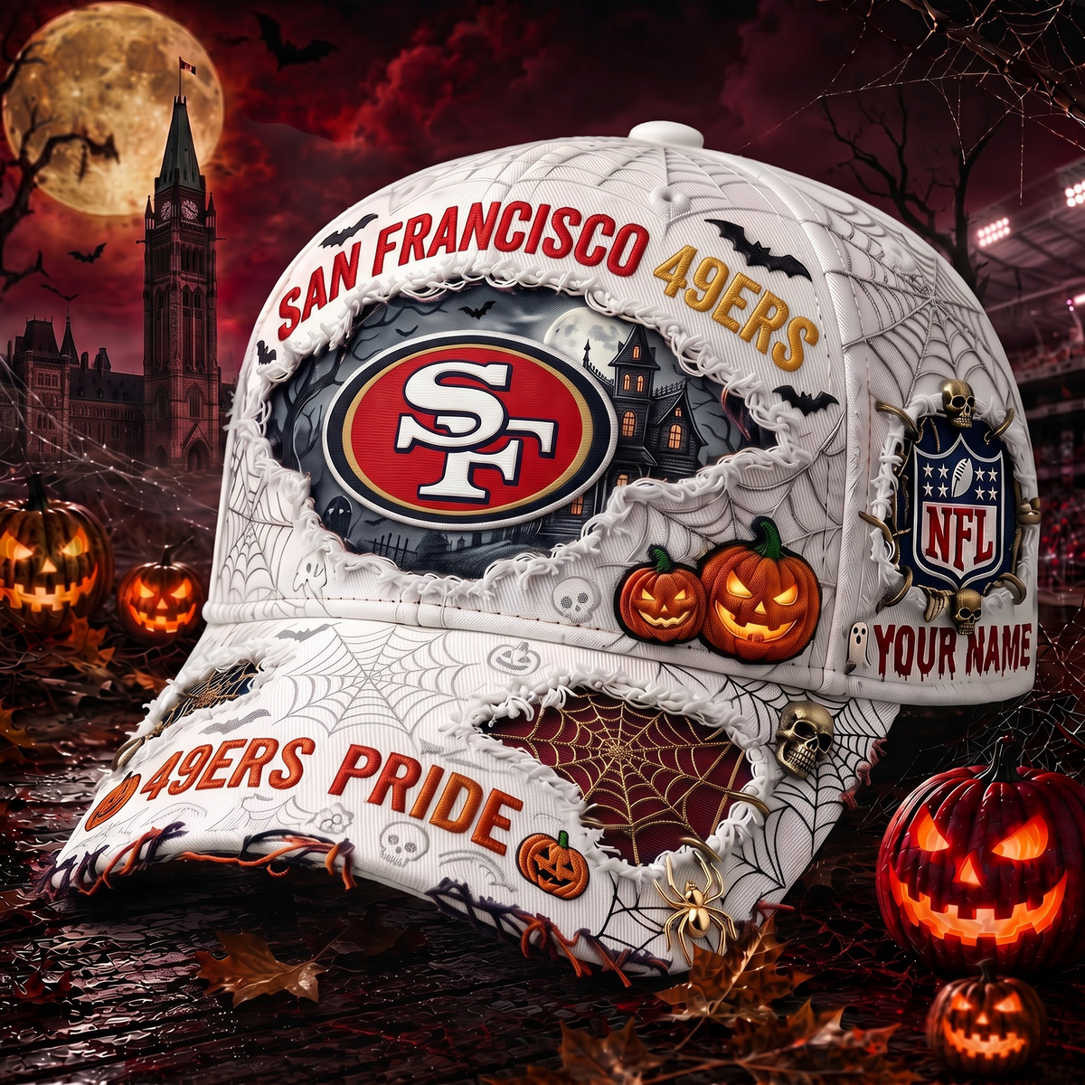 SF_NFL Premium Haunted House Themed 3D Distressed-Effect Baseball Cap