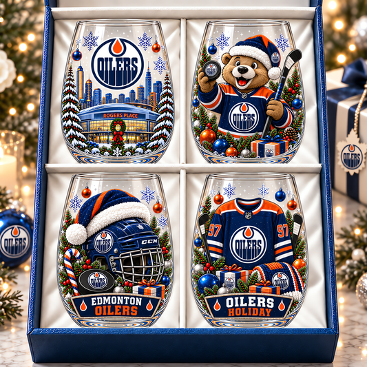 Edmonton Oilers NHL Premium Stemless Glass Set 4 Personalized Gift For Fan Hockey Men Women - Limited Edition