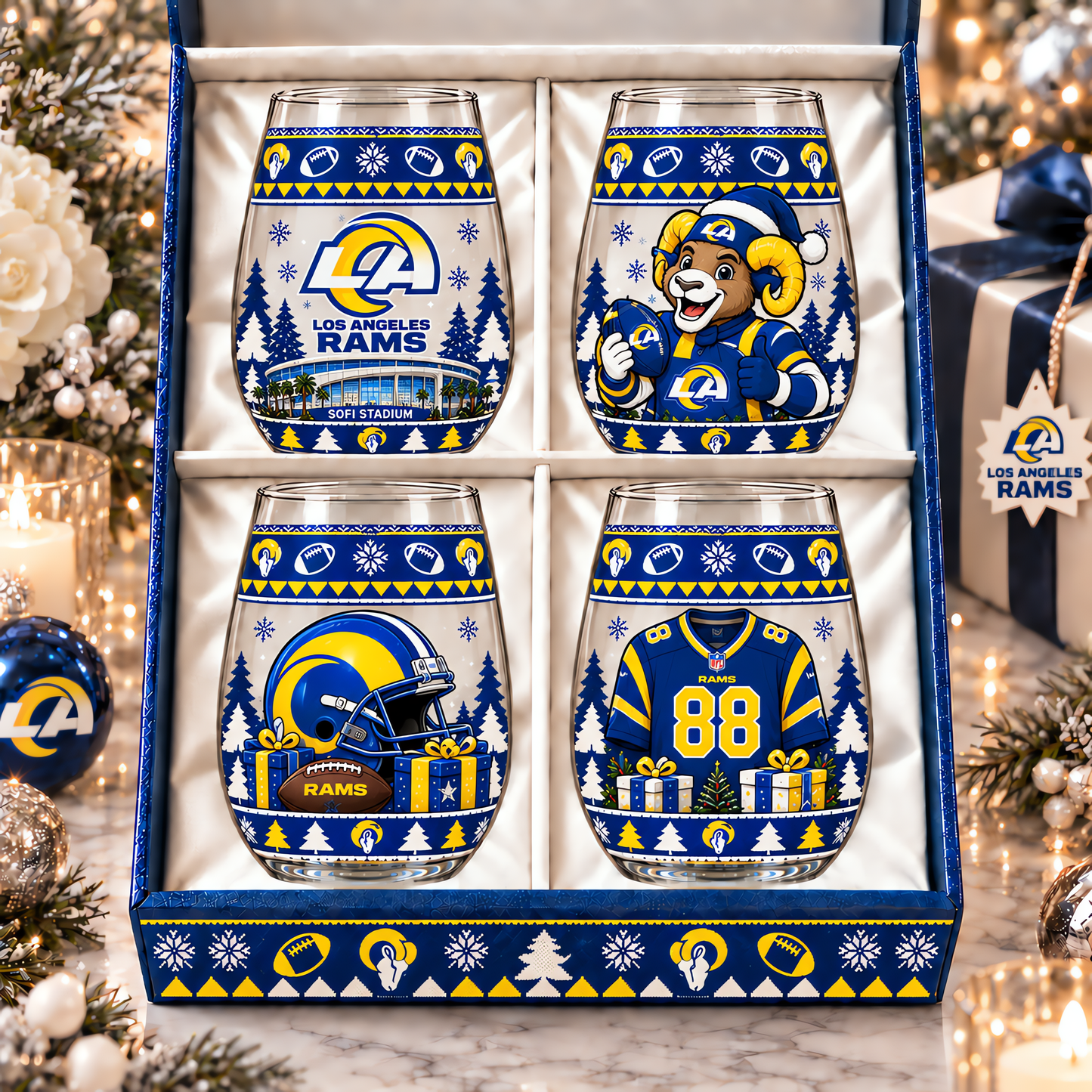 Los Angeles Rams NFL Personalized Stemless Glass Set 4– Premium Limited Edition Gift for Men, Women & Football Fans