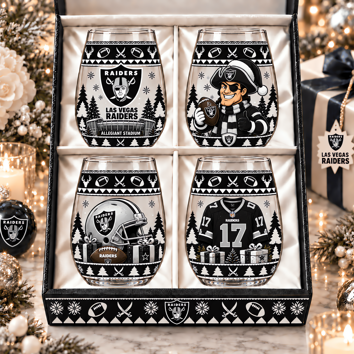Las Vegas Raiders NFL Personalized Stemless Glass Set 4– Premium Limited Edition Gift for Men, Women & Football Fans