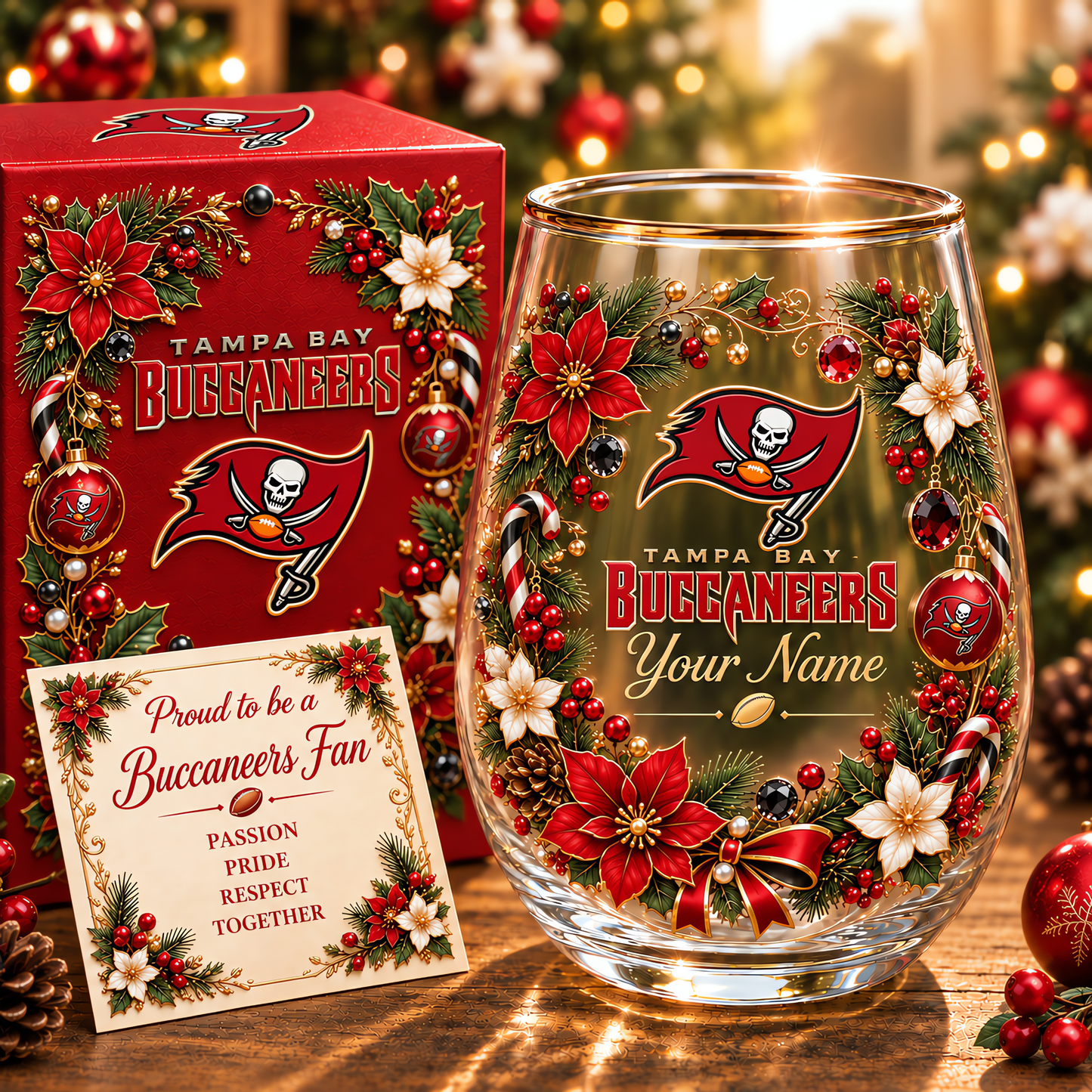 Tampa Bay Buccaneers NFL Christmas Flowers Stemless Glass Custom Any Name Gift For Fan