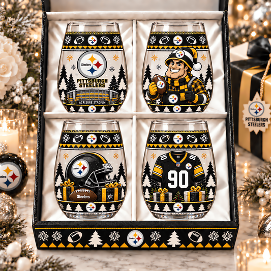 Pittsburgh Steelers NFL Personalized Stemless Glass Set 4– Premium Limited Edition Gift for Men, Women & Football Fans