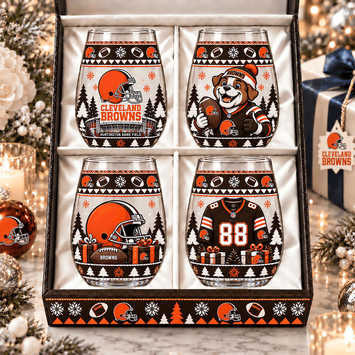 Cleveland Browns NFL Personalized Stemless Glass Set 4– Premium Limited Edition Gift for Men, Women & Football Fans