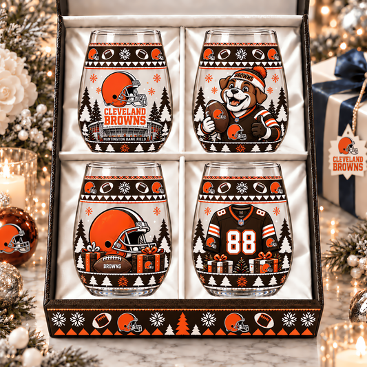 Cleveland Browns NFL Personalized Stemless Glass Set 4– Premium Limited Edition Gift for Men, Women & Football Fans