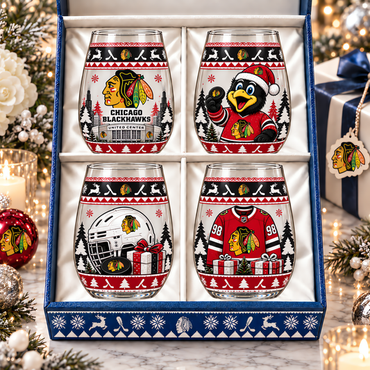 Chicago Blackhawks NHL Premium Stemless Glass Set 4 Personalized Gift For Fan Hockey Men Women - Limited Edition