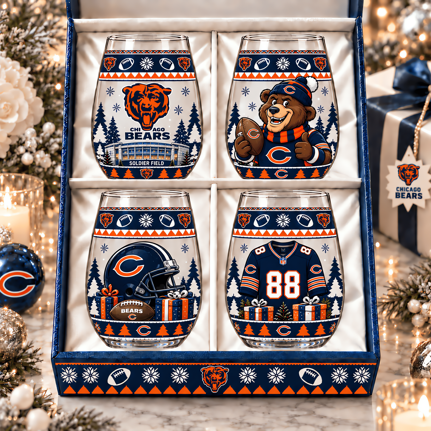 Chicago Bears NFL Personalized Stemless Glass Set 4– Premium Limited Edition Gift for Men, Women & Football Fans