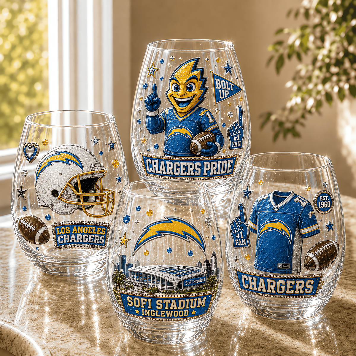 Los Angeles Chargers NFL Combo Full Set 4 Stemless Glass Special Gift For Fan