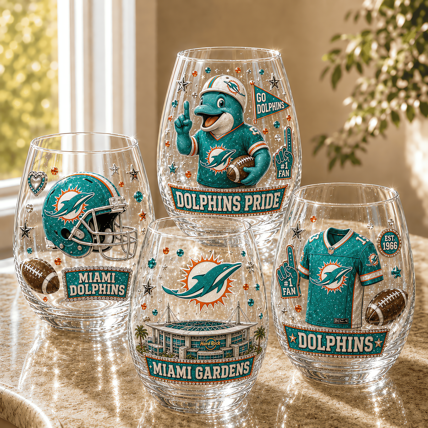 Miami Dolphins NFL Combo Full Set 4 Stemless Glass Special Gift For Fan